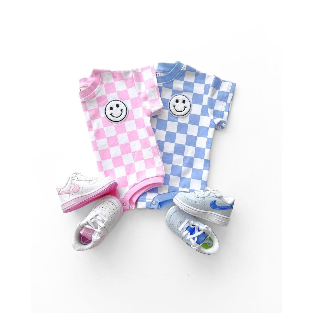 Short Sleeve Bubble Romper | Checkered Smiley Blue
