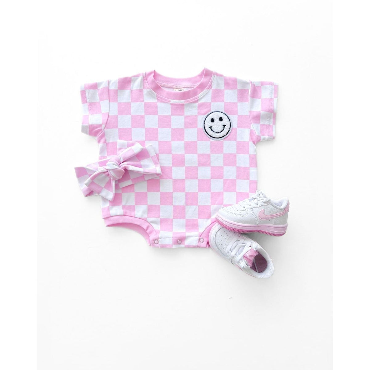 Short Sleeve Bubble Romper | Checkered Smiley Pink