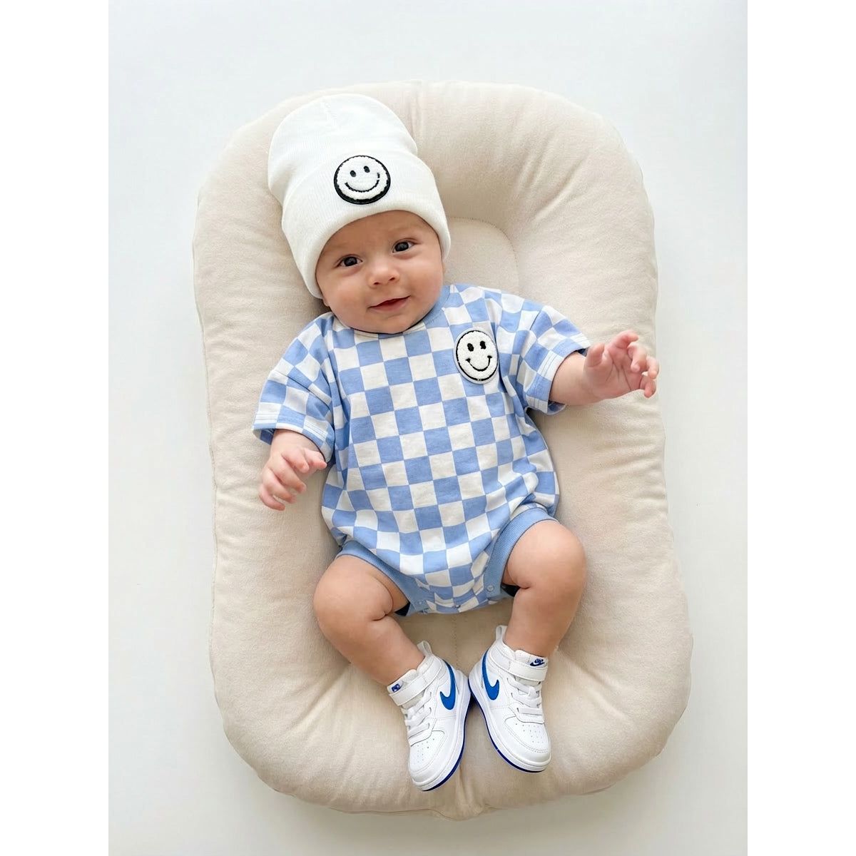 Short Sleeve Bubble Romper | Checkered Smiley Blue