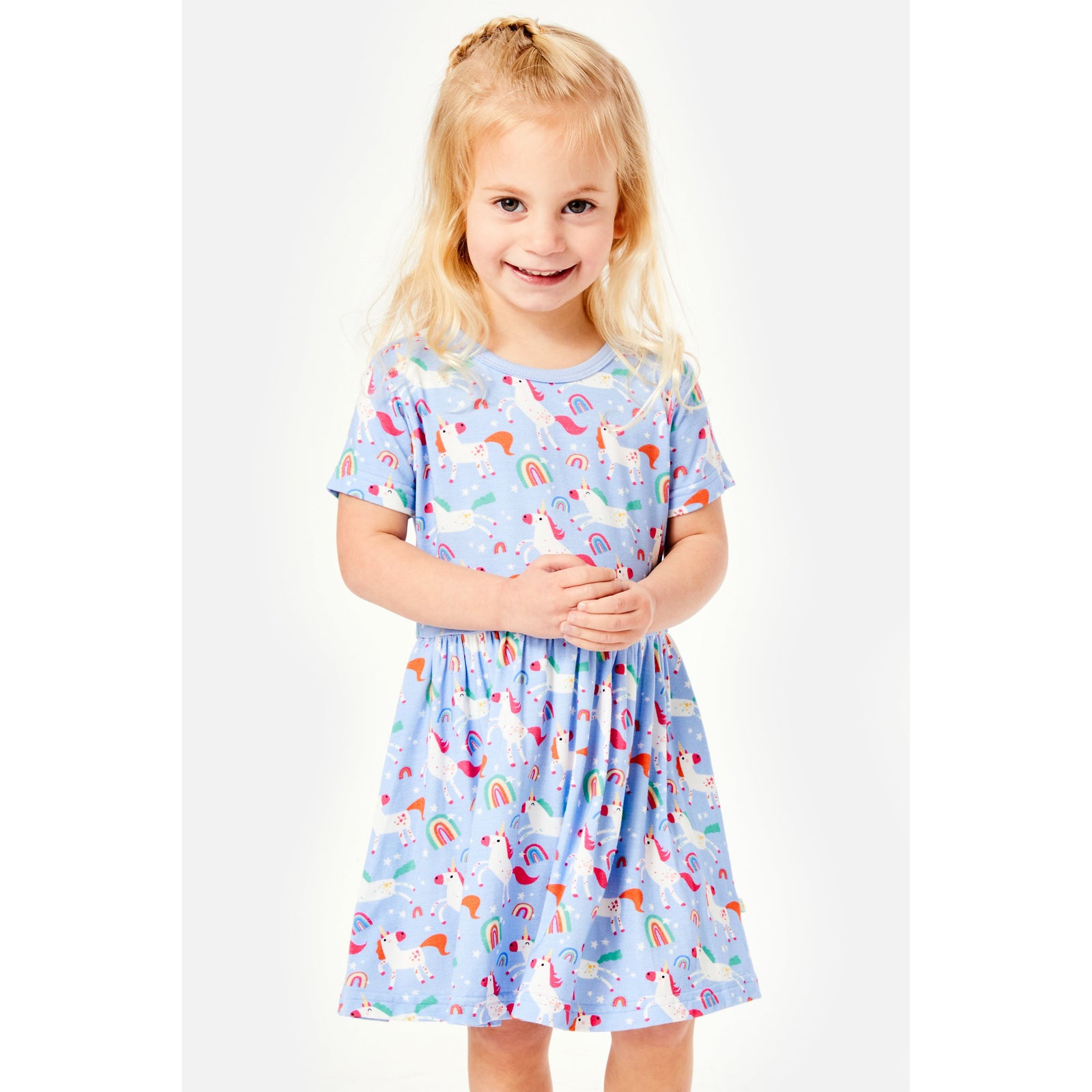 Stretchy Short Sleeve Twirl Dress - Unicorns
