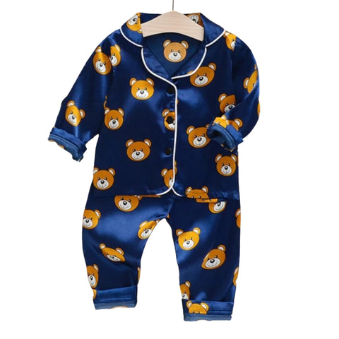 satin pajamas in navy bear