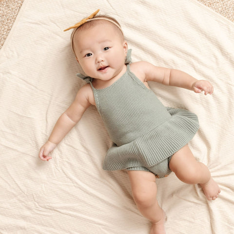 knit ruffle romper in spruce