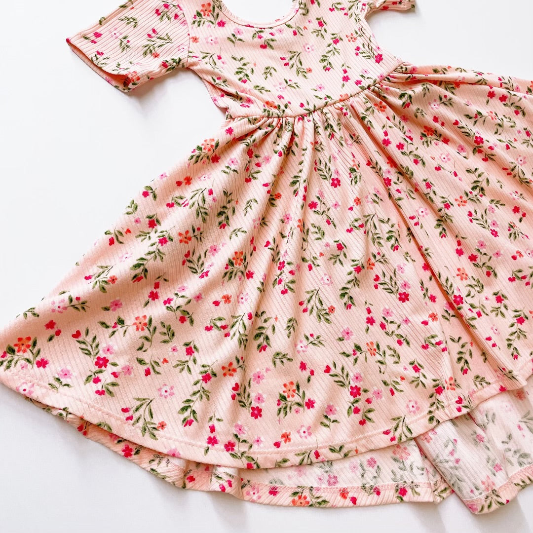 classic short sleeve twirl dress in pink floral