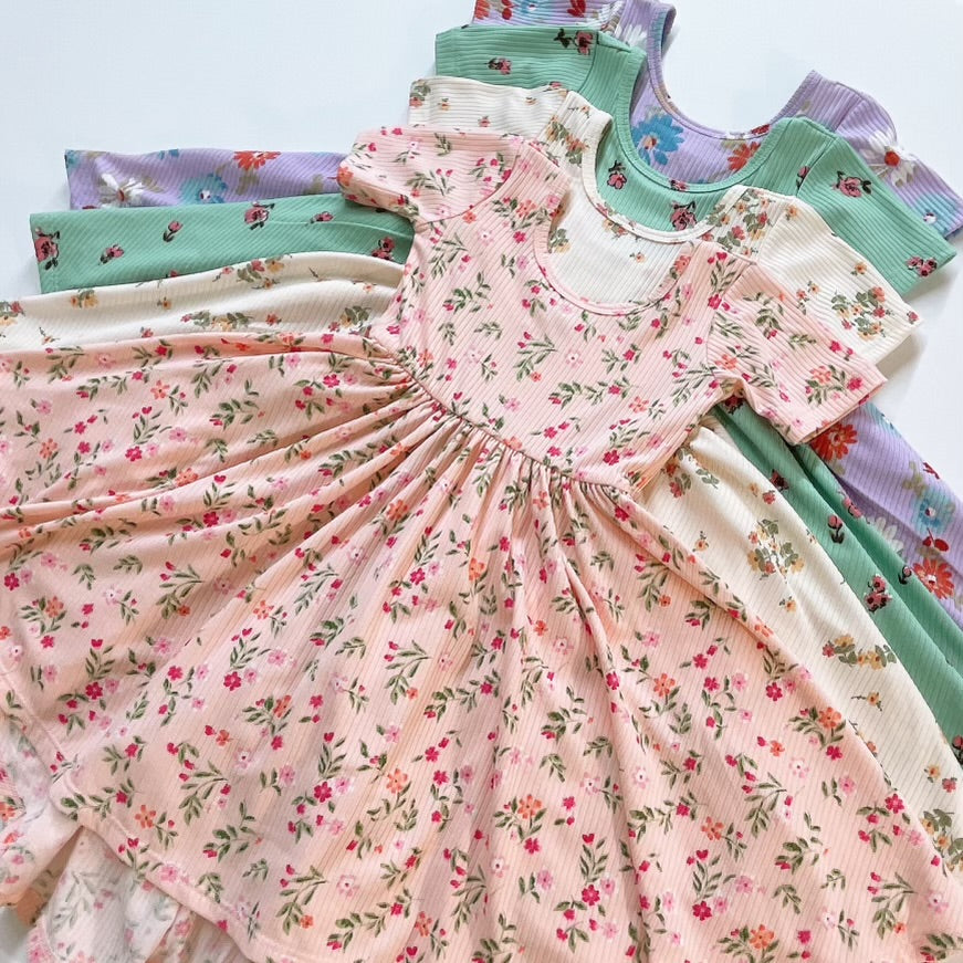 classic short sleeve twirl dress in pink floral