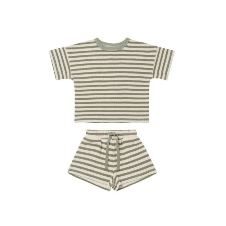 waffle tee and short set in spruce stripe