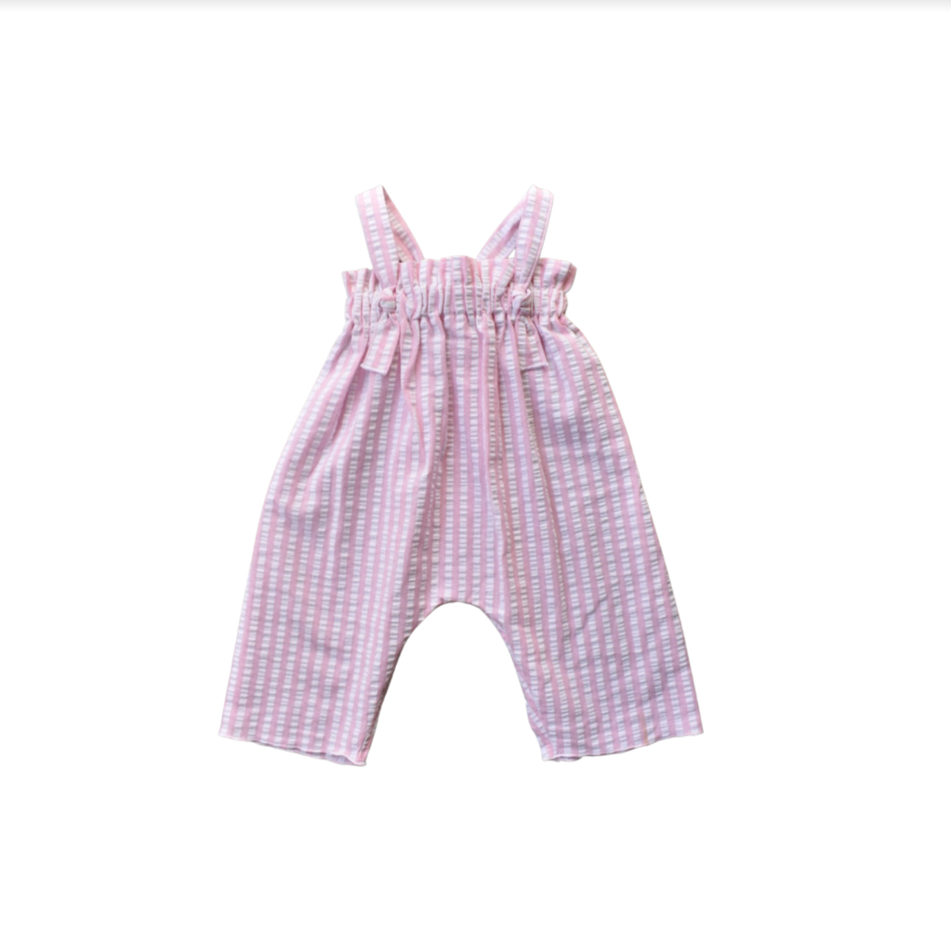 double duty romper in pink seersucker