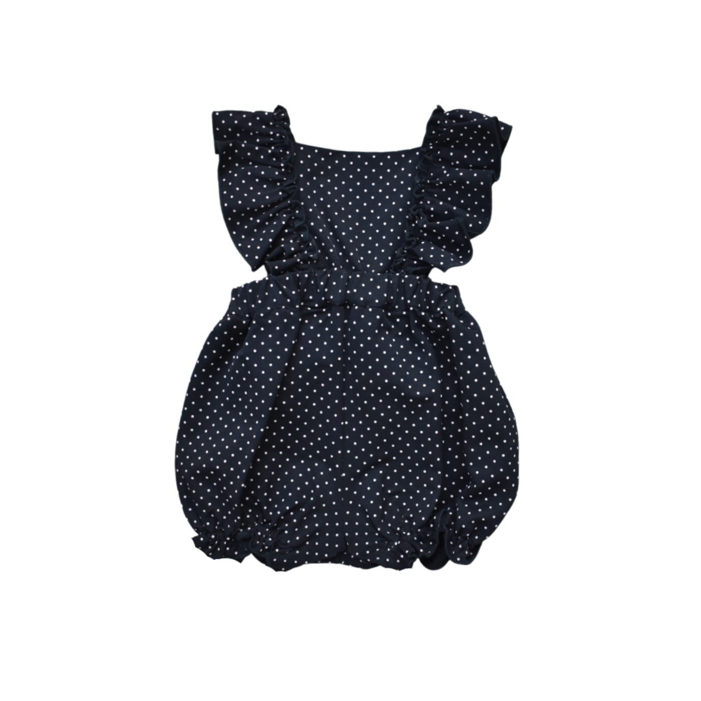 mary romper in black with pink dot