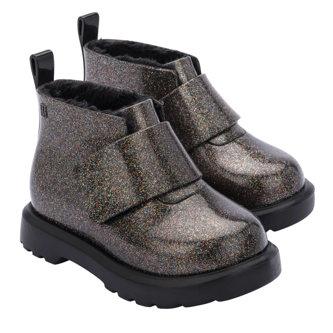 faux fur lined chelsea boot in black glitter