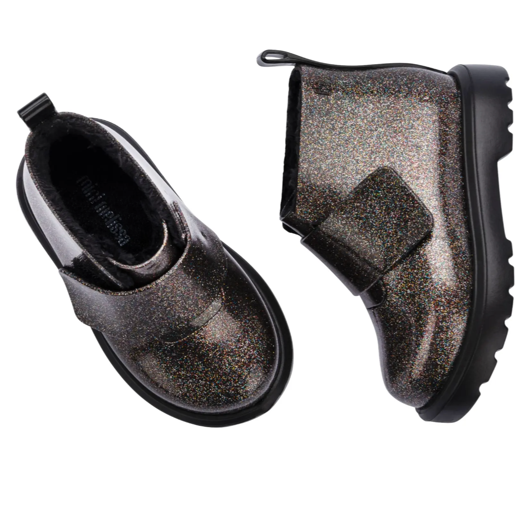 faux fur lined chelsea boot in black glitter