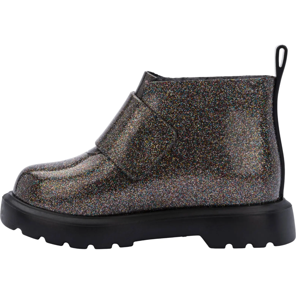 faux fur lined chelsea boot in black glitter