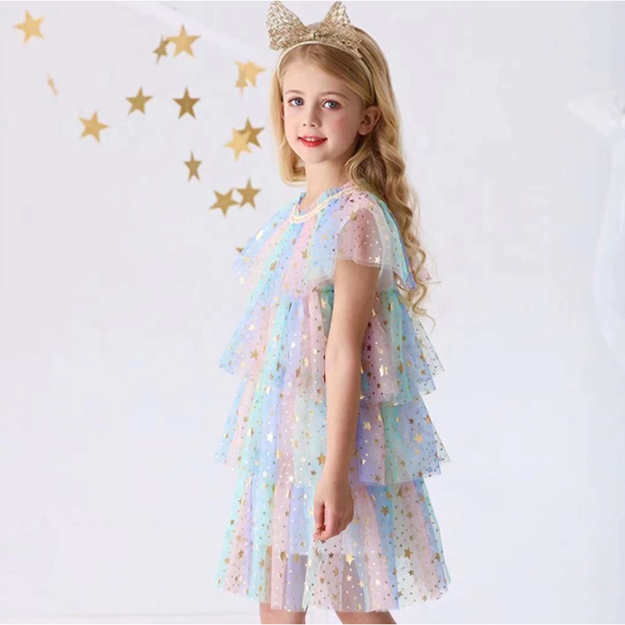 star tulle dress in pastel rainbow