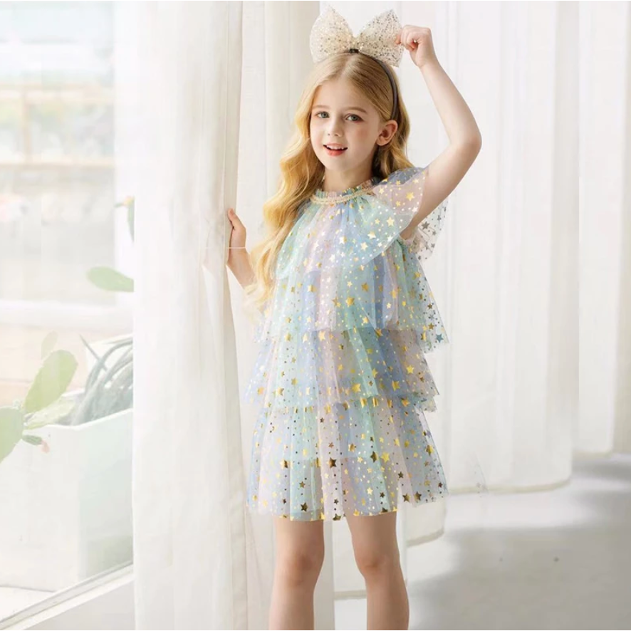 star tulle dress in pastel rainbow