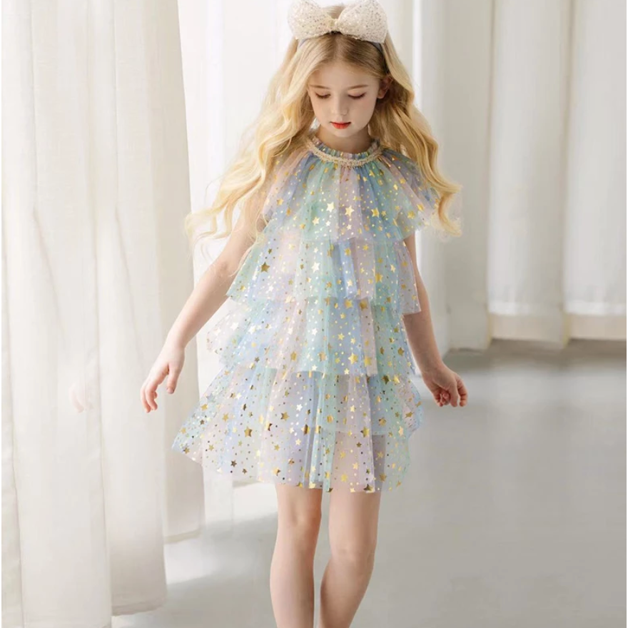 star tulle dress in pastel rainbow