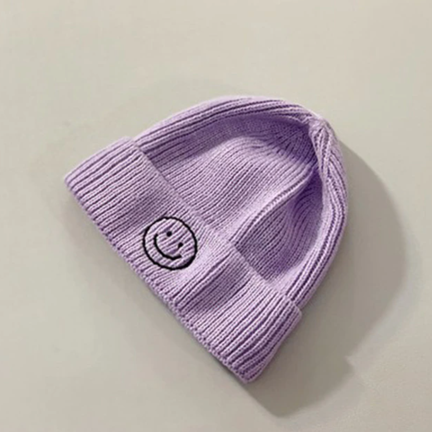 smiley beanie in lavender