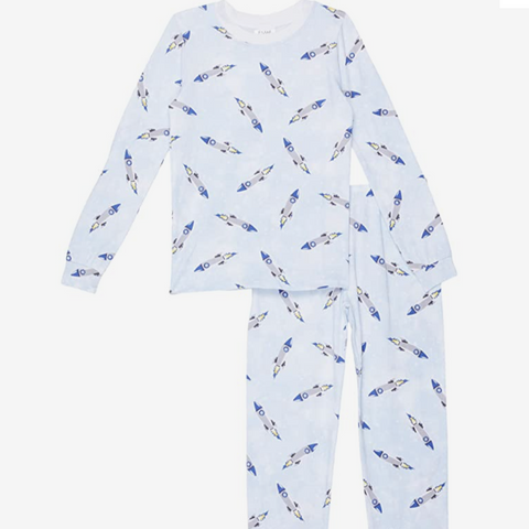 long sleeve pajama set in blue rocket