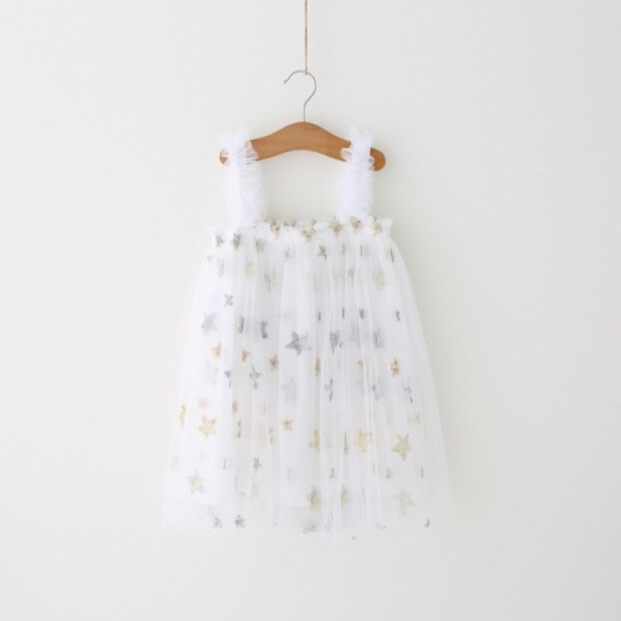 sequin star tulle dress in white