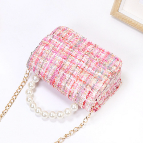 pink tweed top handle purse