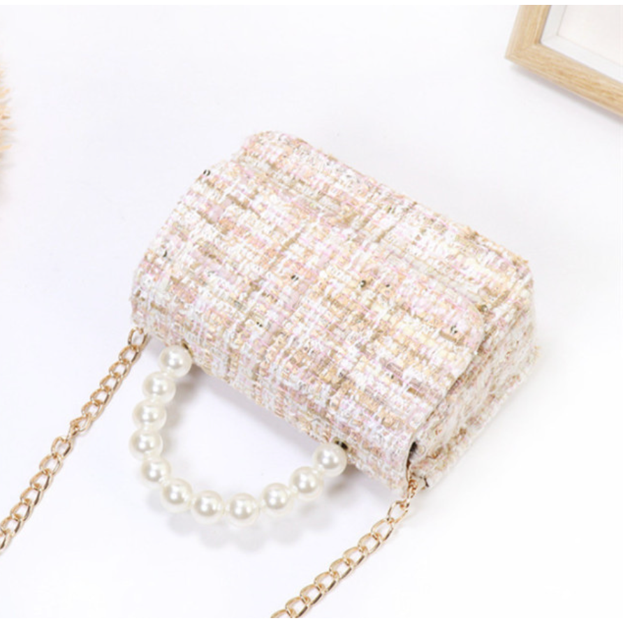 white tweed top handle purse