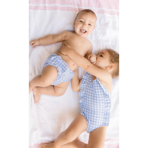 girls oasis blue gingham ruffle one piece