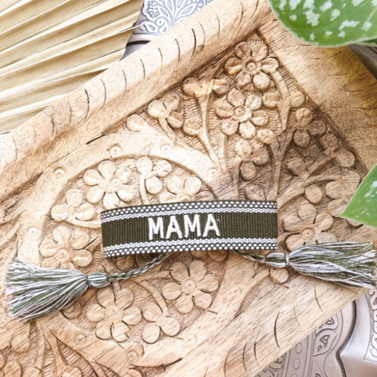 MAMA embroidered friendship bracelet in olive