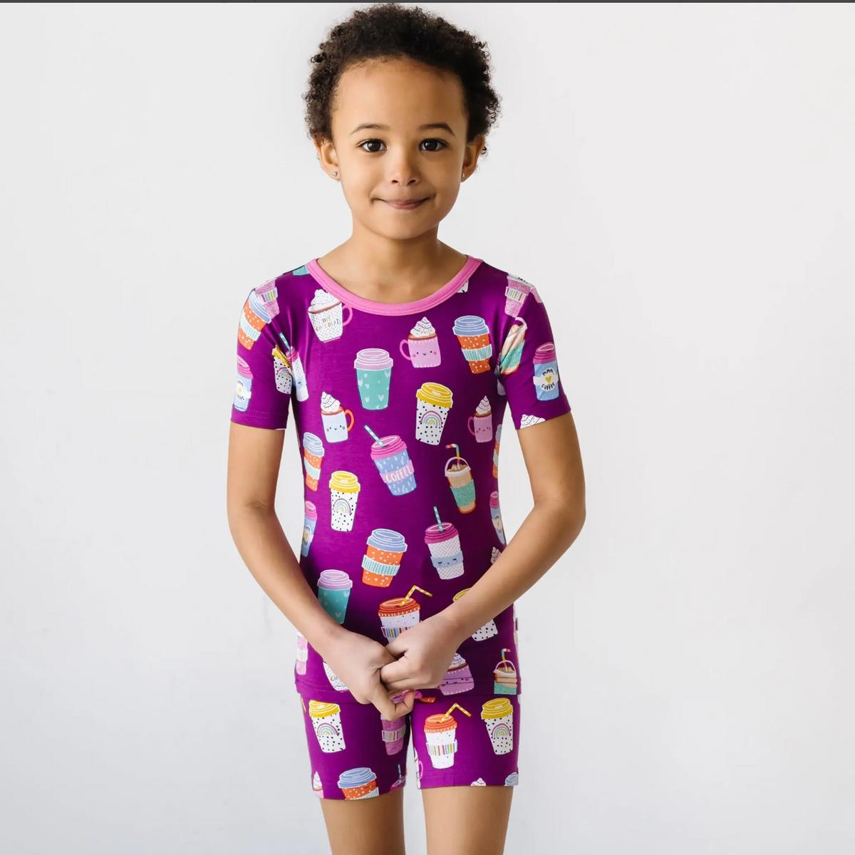 "i love you a latte" s/s and shorts two-piece bamboo viscose pajama set in purple
