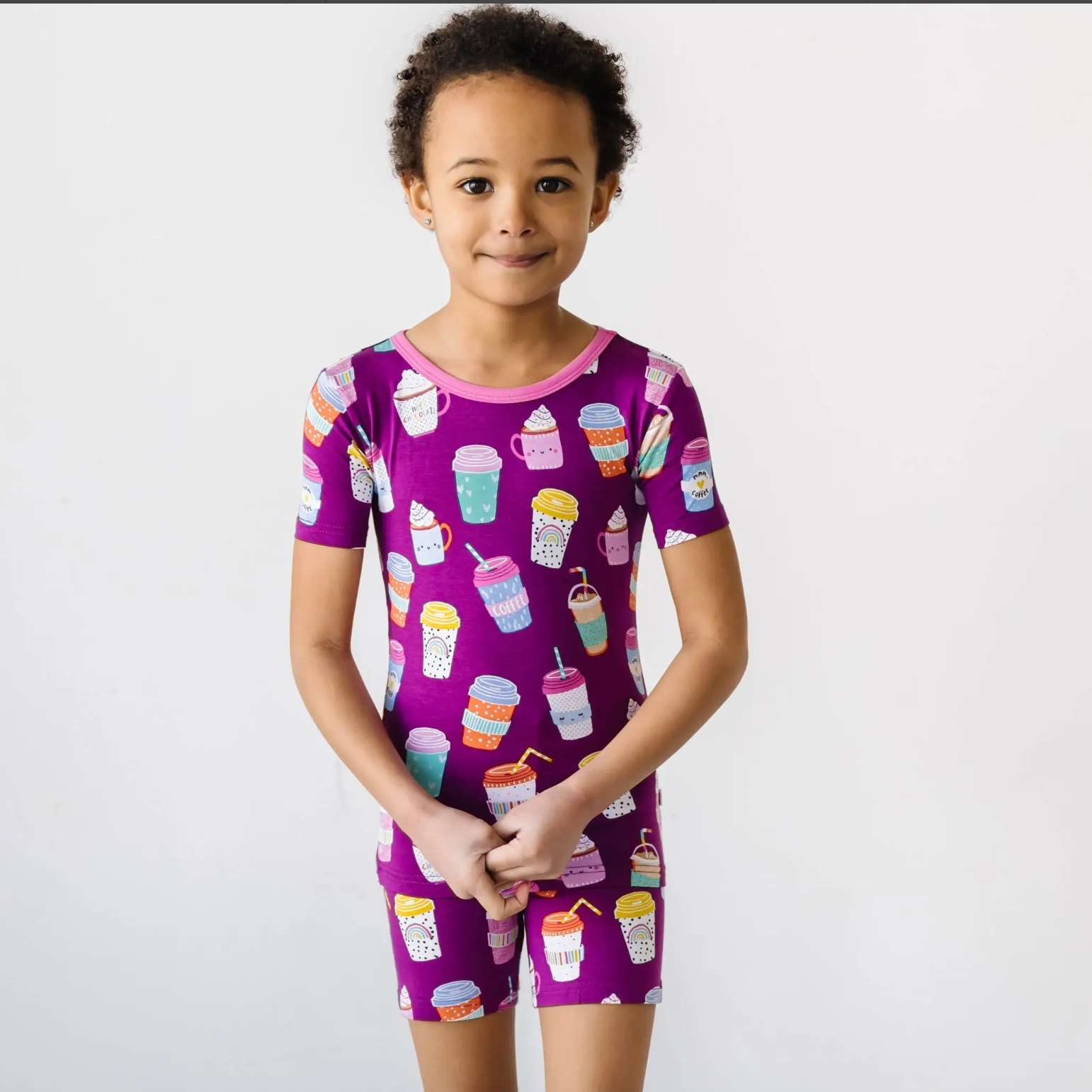 "i love you a latte" s/s and shorts two-piece bamboo viscose pajama set in purple