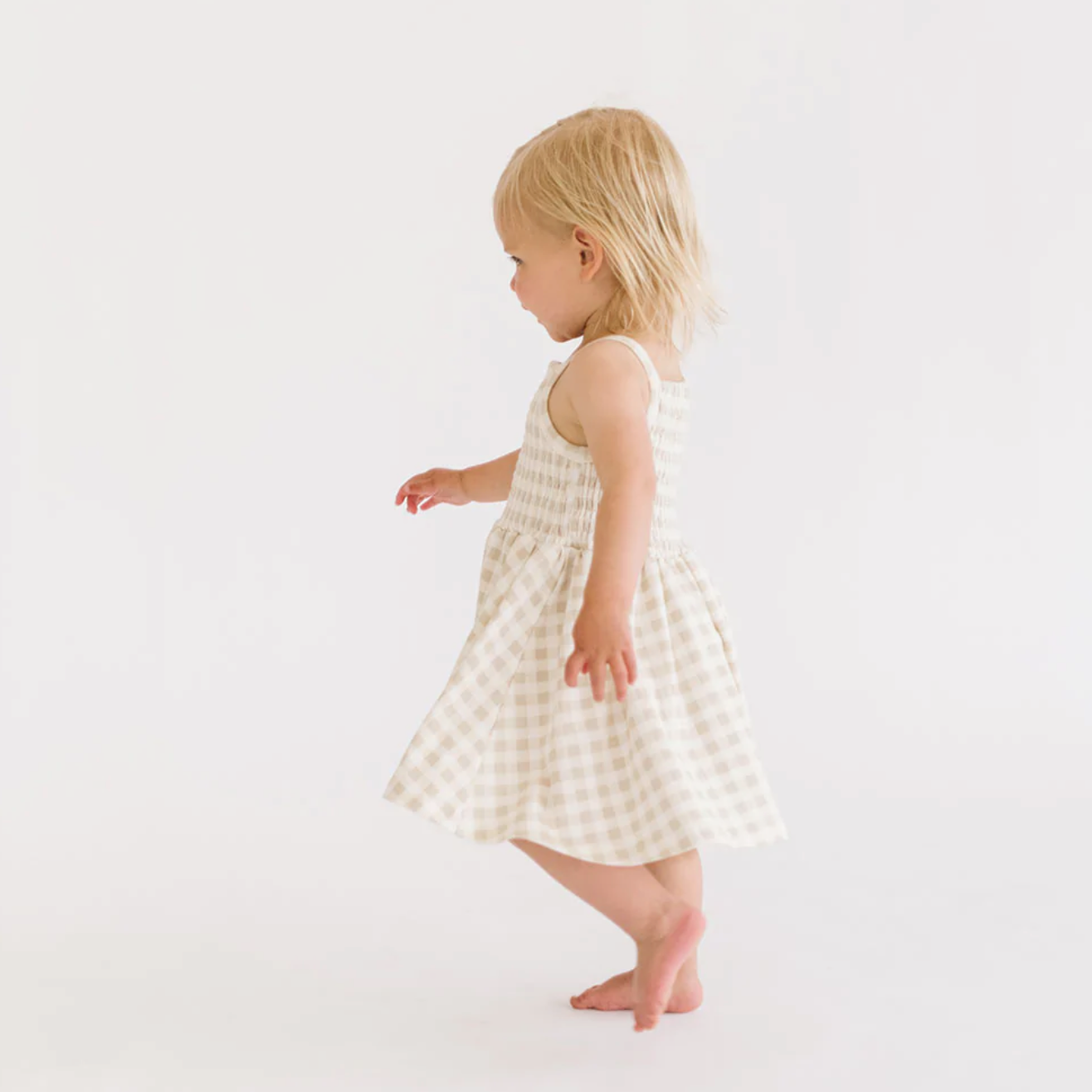 baby smocked dress in khaki gingham