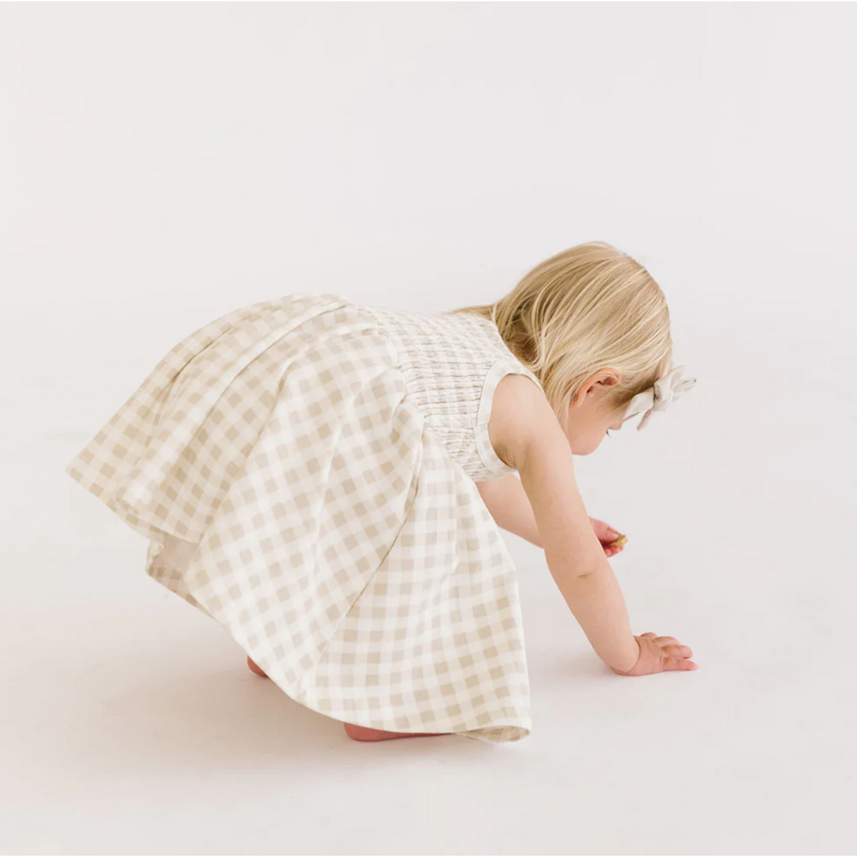 baby smocked dress in khaki gingham