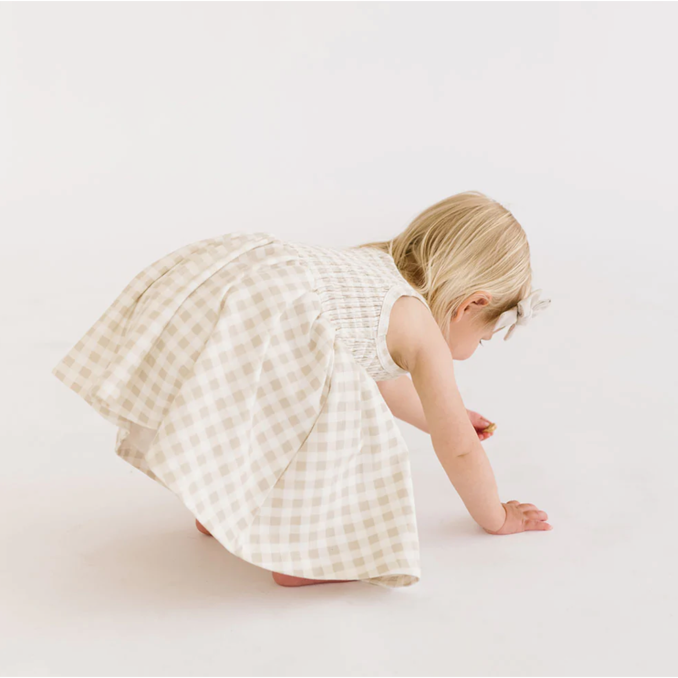 baby smocked dress in khaki gingham