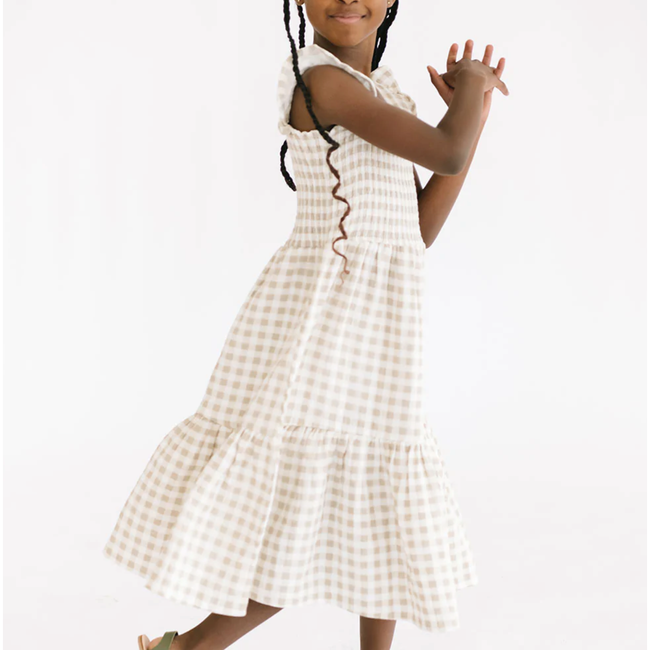 the smocked dress in khaki gingham