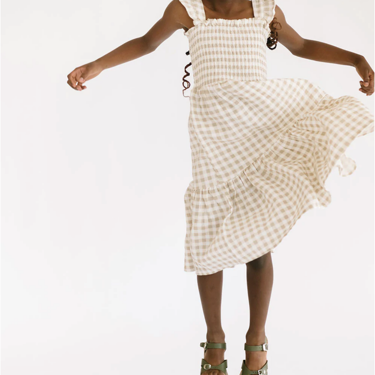 the smocked dress in khaki gingham