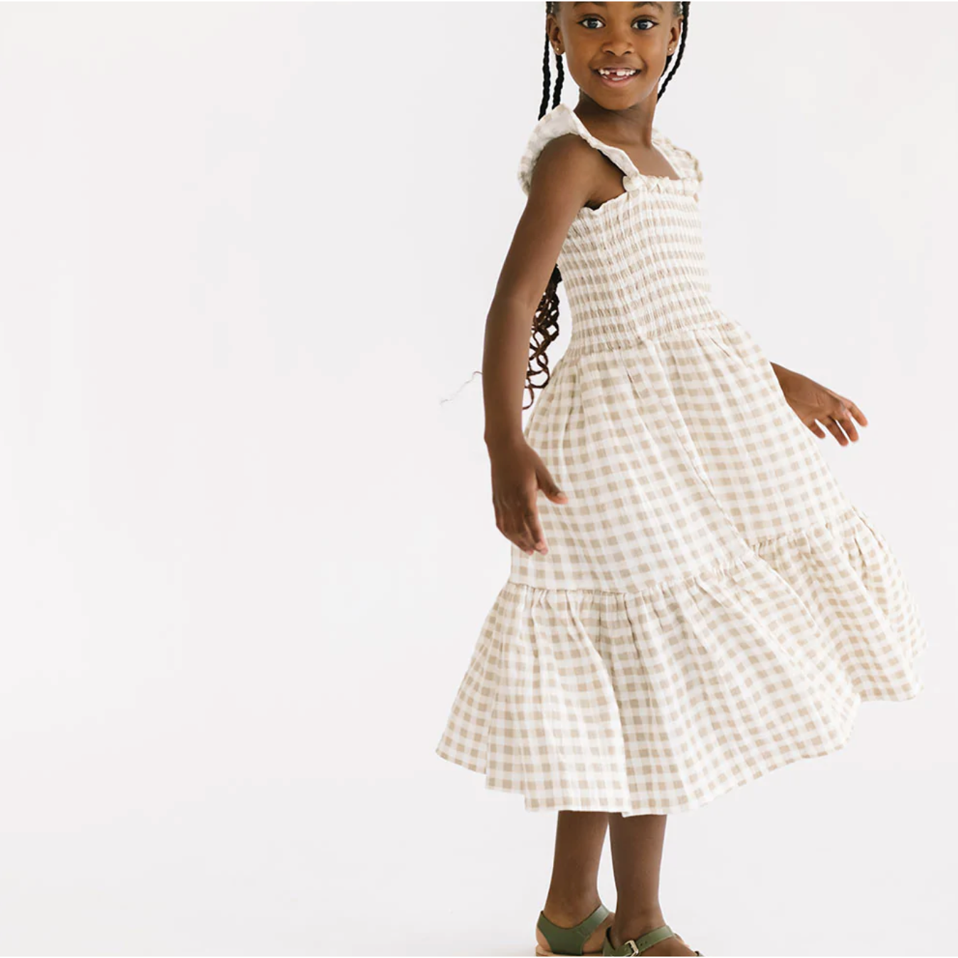 the smocked dress in khaki gingham