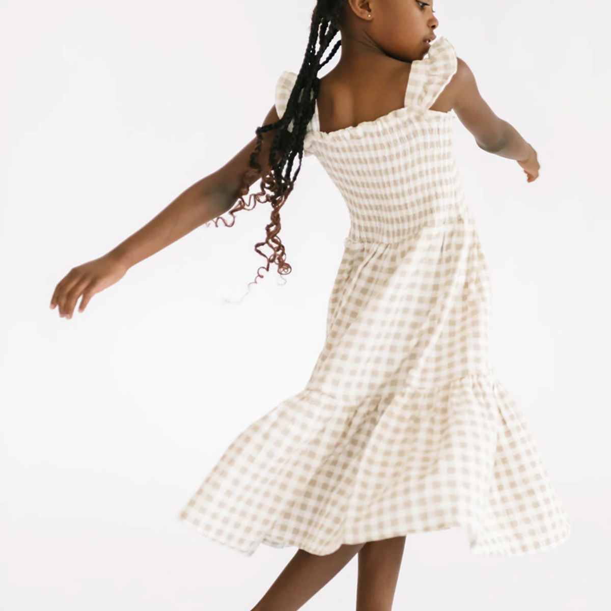 the smocked dress in khaki gingham