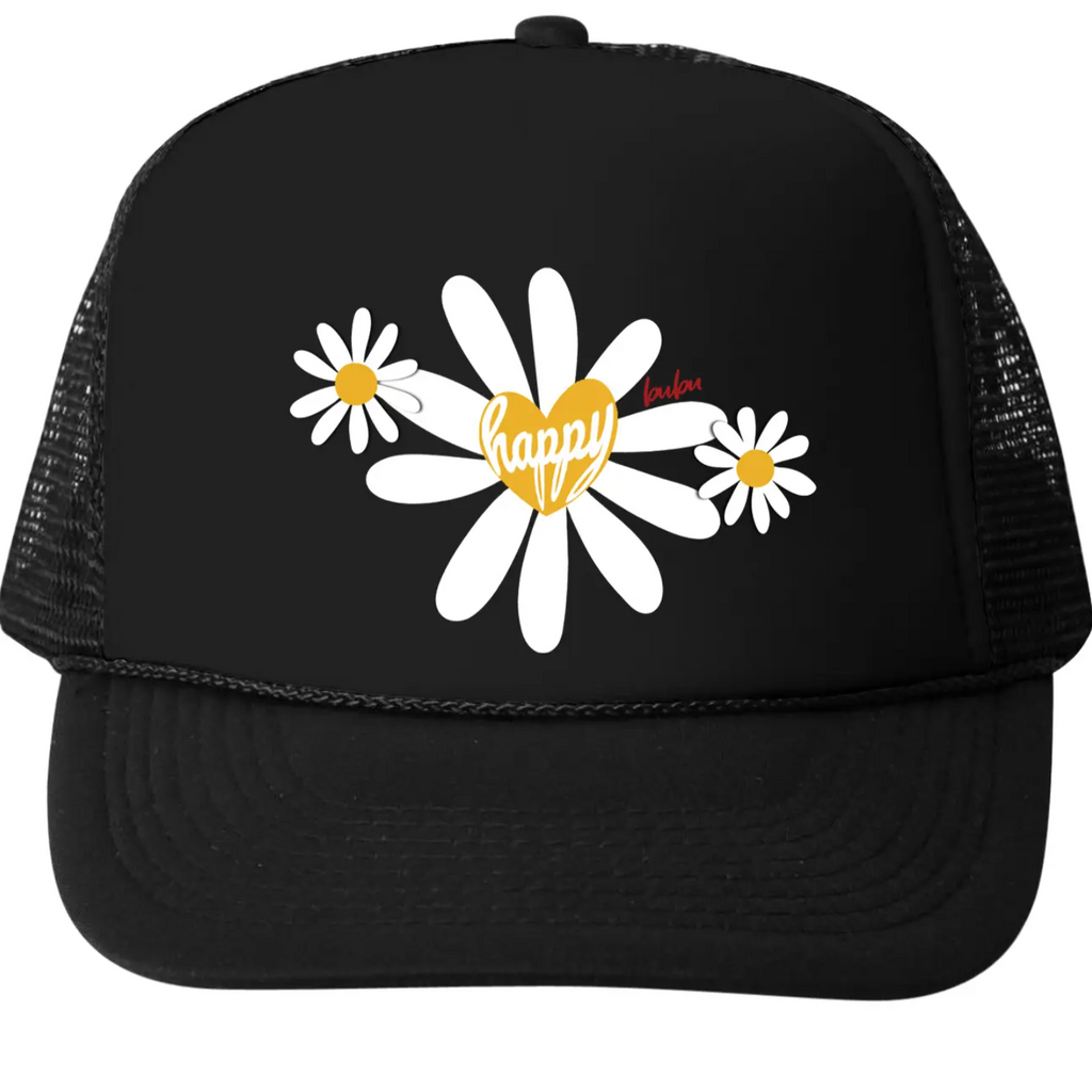 happy daisy trucker hat in black