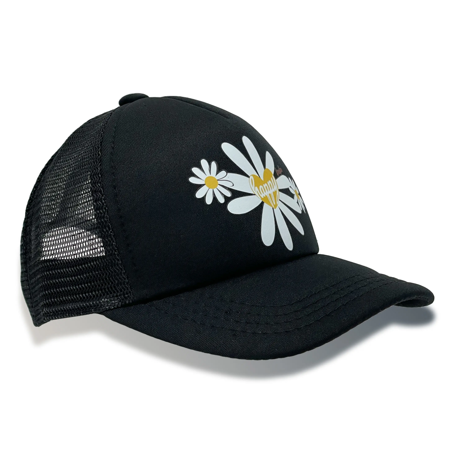 happy daisy trucker hat in black