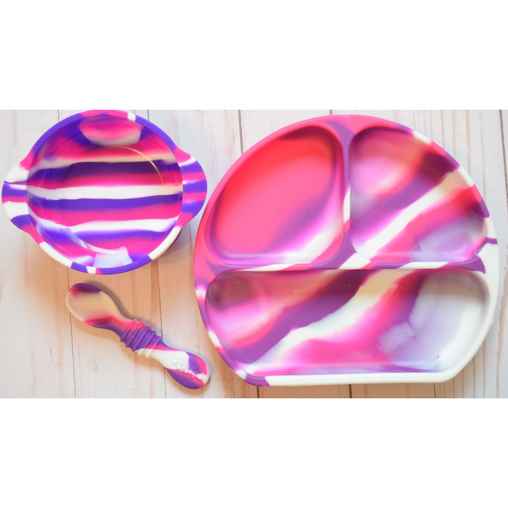 silicone tableware set in pink/purple
