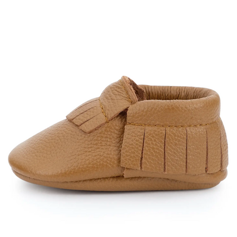 leather baby moccasins in classic brown