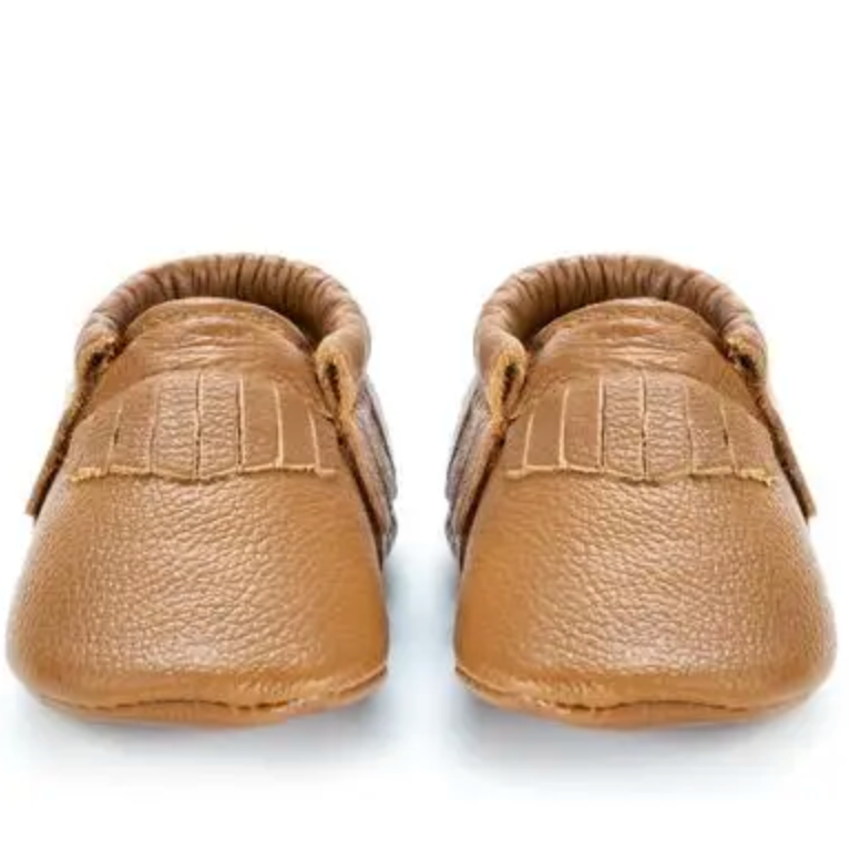 leather baby moccasins in classic brown