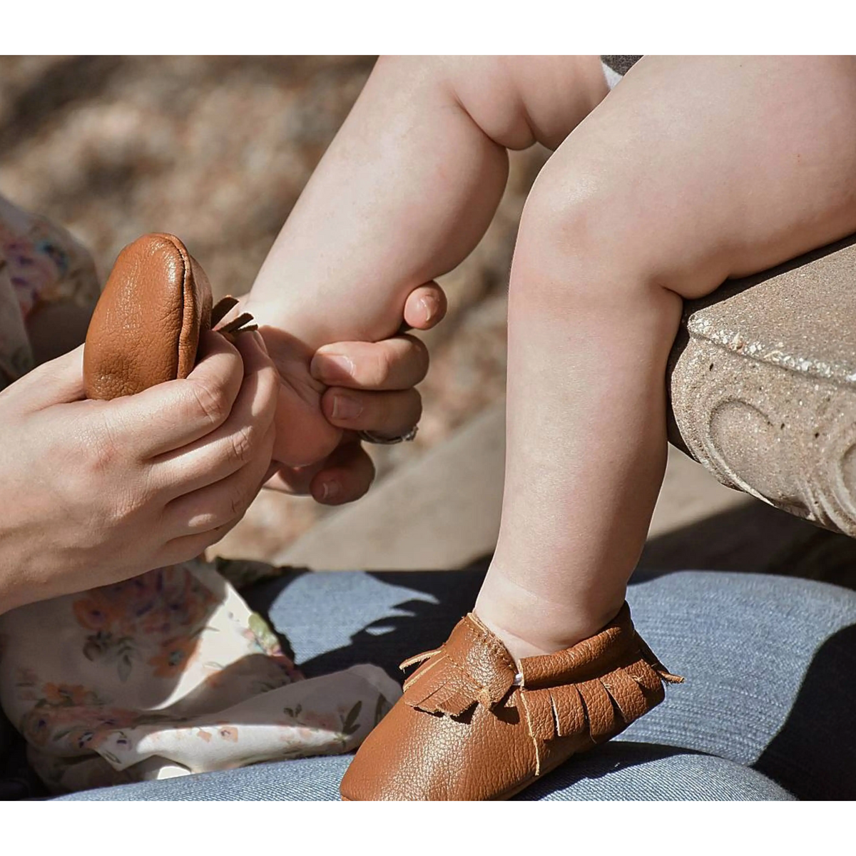 leather baby moccasins in classic brown