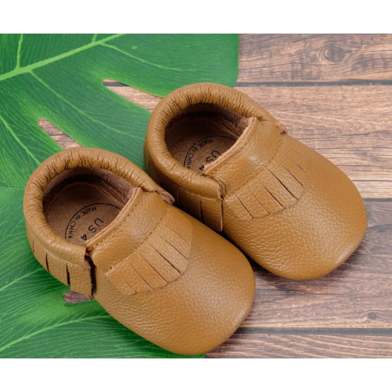 leather baby moccasins in classic brown