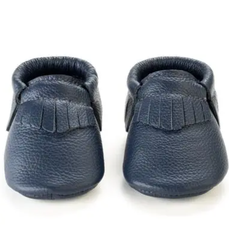 leather baby moccasins in navy