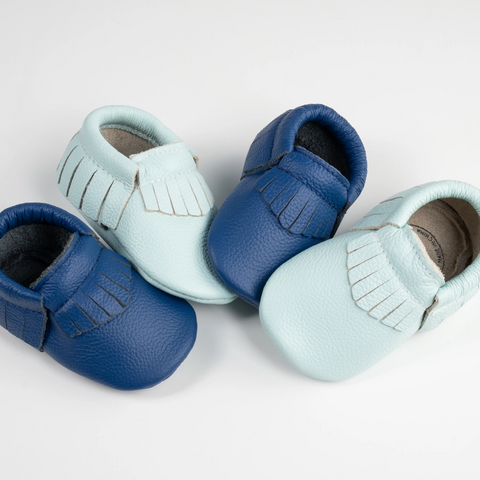 leather baby moccasins in navy