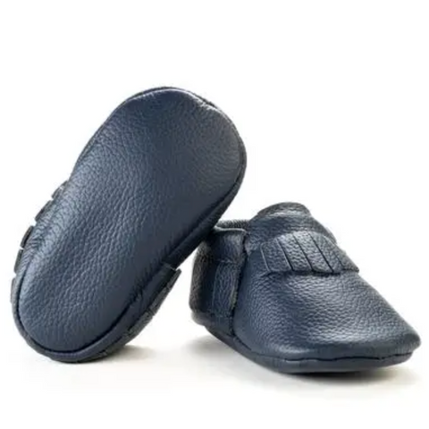 leather baby moccasins in navy