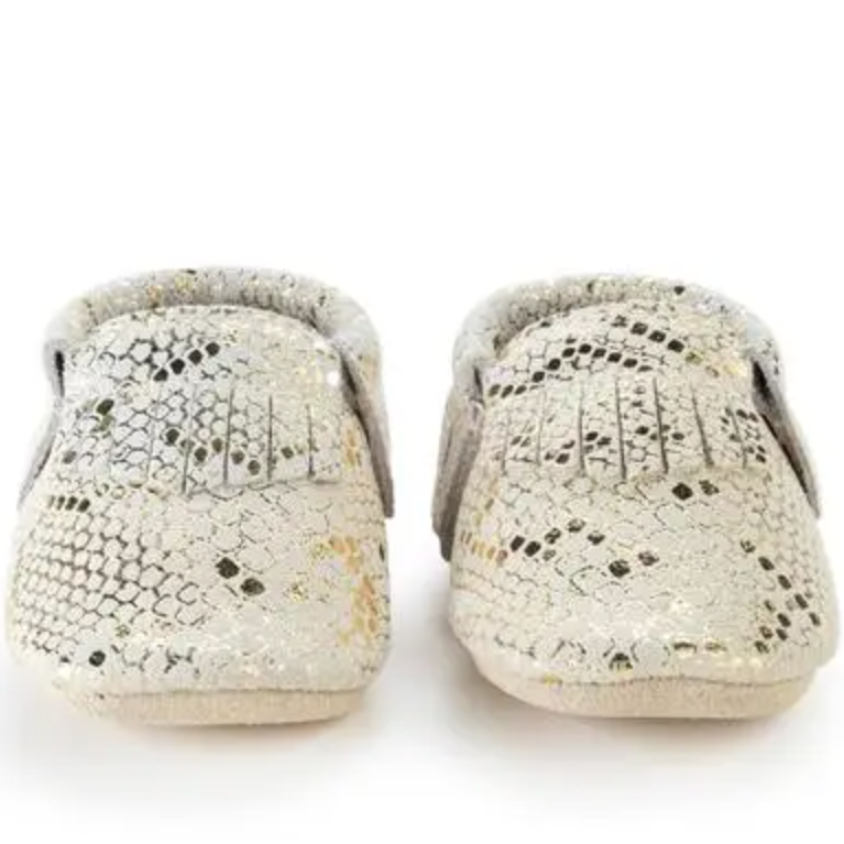 leather baby moccasins in rattlesnake