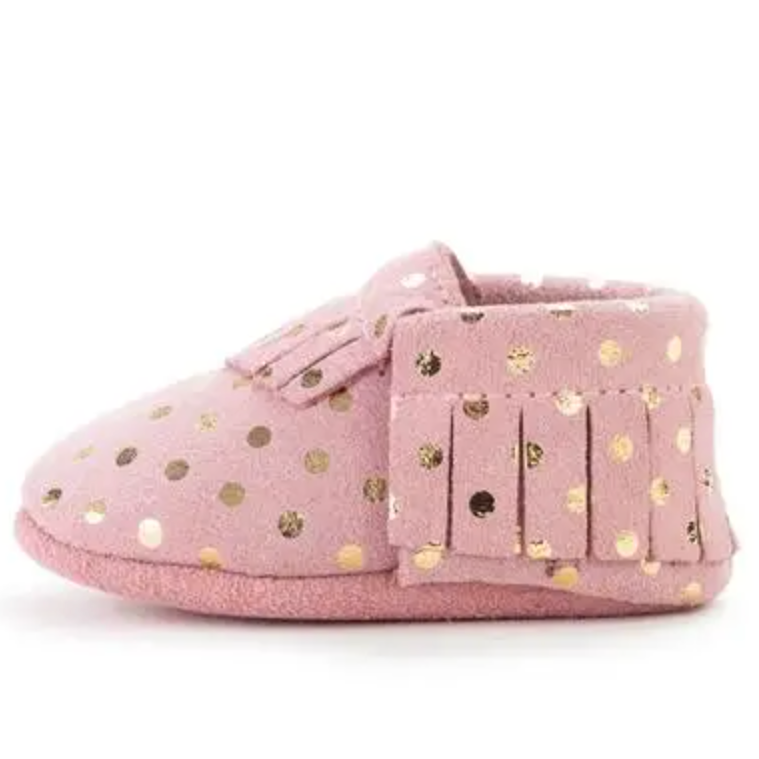 leather baby moccasins in pink confetti