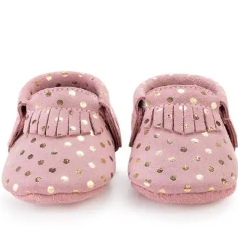 leather baby moccasins in pink confetti
