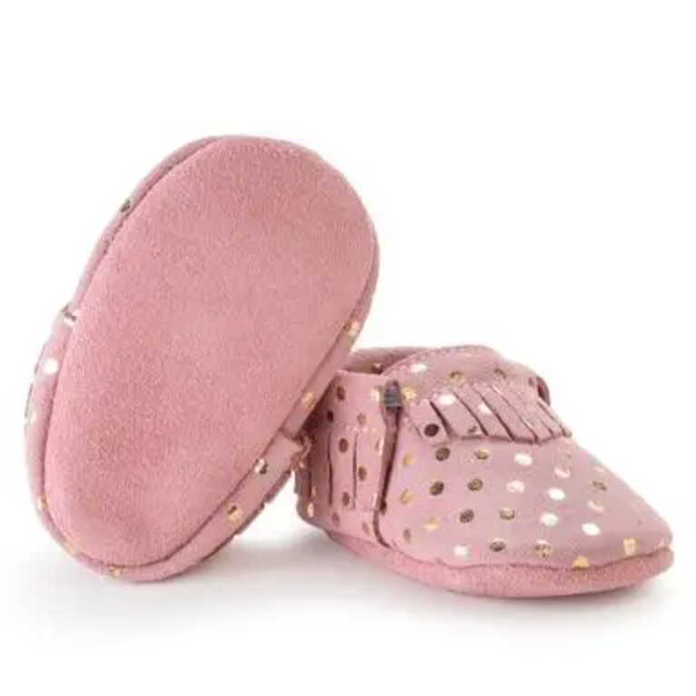 leather baby moccasins in pink confetti