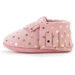 leather baby moccasins in pink confetti