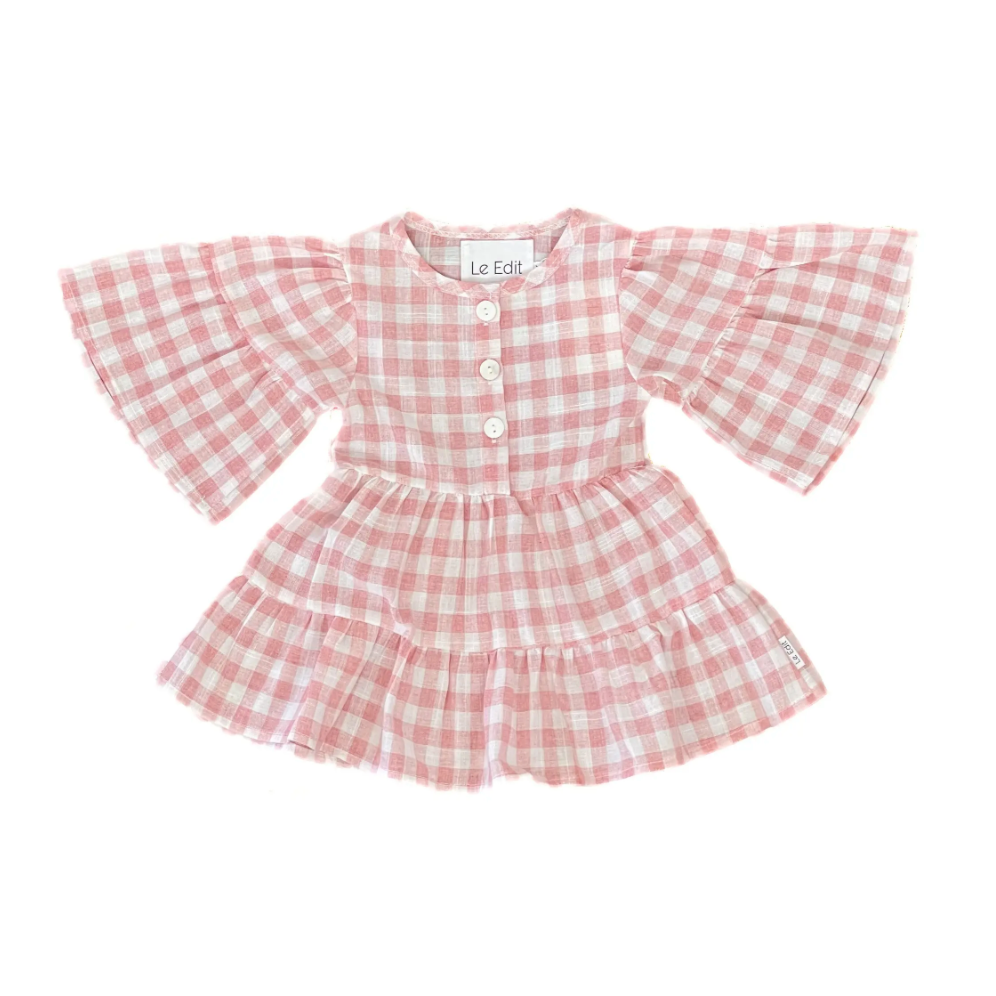 gingham summer linen dress in candy pink