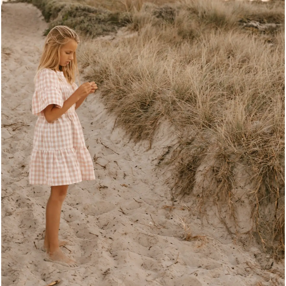 gingham summer linen dress in candy pink